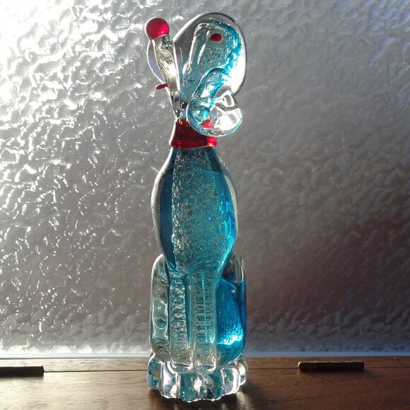 8" Vintage Murano Blue and Clear Glass Dog with Silver Flakes and Red Nose - Picture 2 of 16